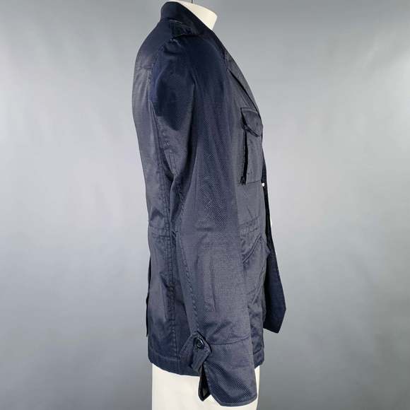 TS (S) Navy Textured Cotton Drawstring Hacking Jacket - Picture 2 of 6